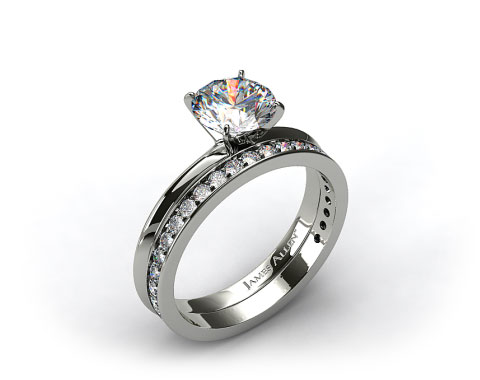 18kt White Gold 2mm Knife Edge Solitaire Engagement Ring & .17ct Pave Diamond Wedding Ring
