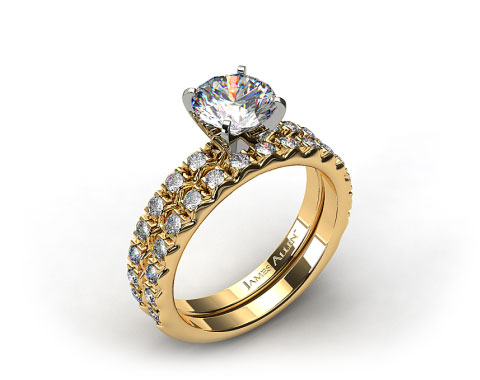18k Yellow Gold 0.32ct French Cut Pave Engagement Ring & .34ct French Cut Pave Wedding Ring