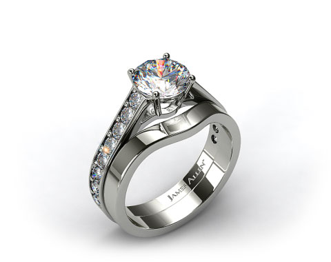 18k White Gold 0.35ct Pave Cathedral Engagement Ring & 2.7mm Curved Wedding Band