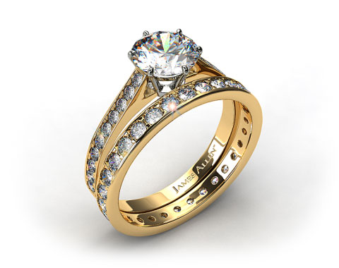 18k Yellow Gold 2.6mm Six Prong Pave Diamond Engagement Ring & 0.61ct Pave Eternity Ring 