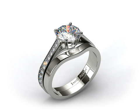 18k White Gold 2.2mm Pave Diamond Engagement Ring & 2.3mm Curved Wedding Ring