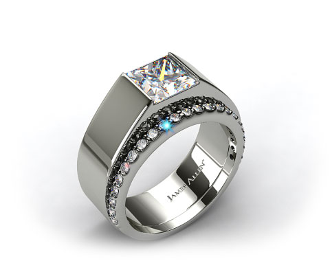 18k White Gold Designer Bar Solitaire Ring & 0.33ct Common Prong Wedding Ring
