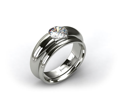 18k White Gold Round Brilliant Bar Set Solitaire Ring & 2mm Plain Wedding Band