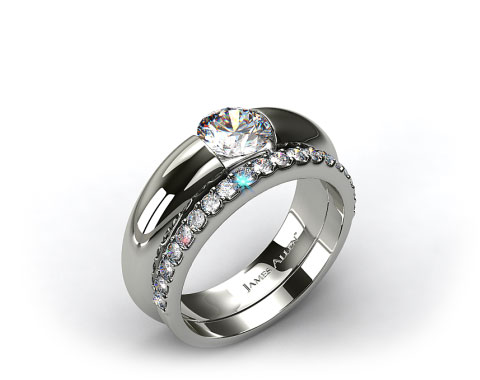18k White Gold Round Brilliant Bar Set Solitaire Ring & 0.57ct Common Prong Wedding Ring