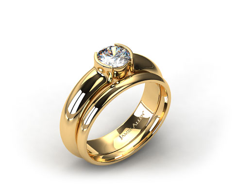 18k Yellow Gold 5.4mm Half-Bezel Solitaire Ring & 2mm Plain Wedding Band