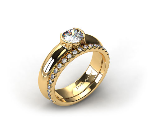 18k Yellow Gold 5.4mm Half-Bezel Solitaire Ring & French Cut Pave Set Wedding Ring