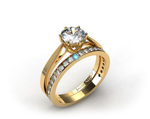 18k Yellow Gold Tapered Six Prong Filigree Basket Solitaire Engagement Ring & 0.17ct Pave Set Wedding Ring