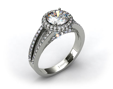 14k White Gold Pave Split Shank Halo Diamond Engagement Ring