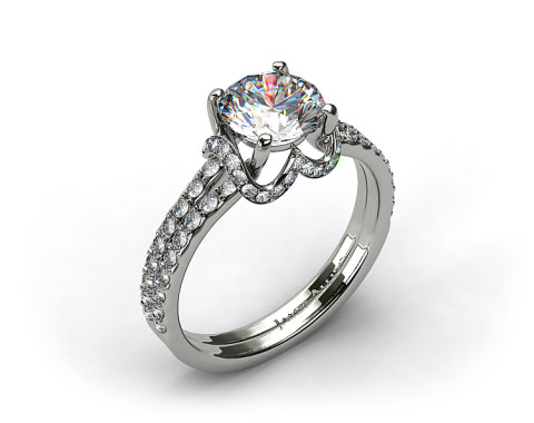 14k White Gold Pave Split Shank With Scalloped Edge Engagement Ring