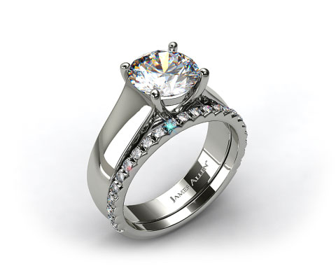  18K White Gold Wide Cross Prong Solitaire Engagement Ring & French Cut Pave Set Wedding Ring