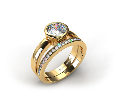 18k Yellow Gold Bezel Set Round Diamond Solitaire Ring & .28ct Channel Set Wedding Band