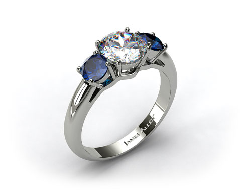 18k White Gold Three Stone Round Blue Sapphire Engagement Ring
