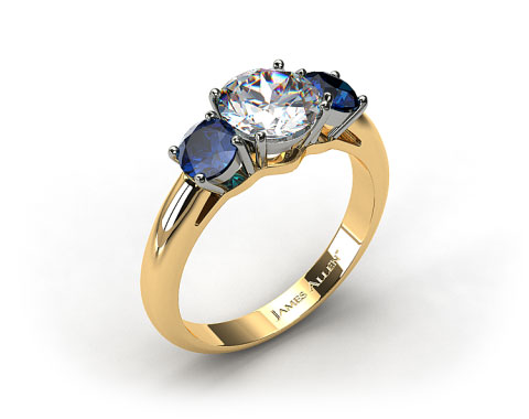 18k Yellow Gold Three Stone Round Blue Sapphire Engagement Ring