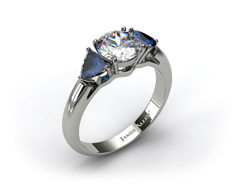 18k  White Gold Three Stone Trillion Shaped Blue Sapphire Engagement Ring