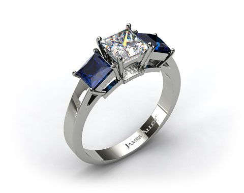 18k White Gold Three Stone Princess Shaped Blue Sapphire Engagement Ring