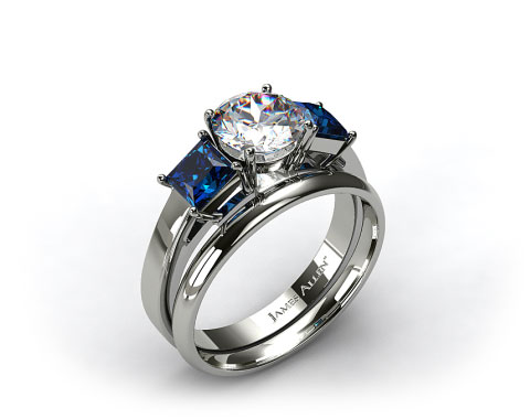 18k White Gold Three Stone Princess Shaped Blue Sapphire Engagement Ring & 2mm Plain Wedding Band
