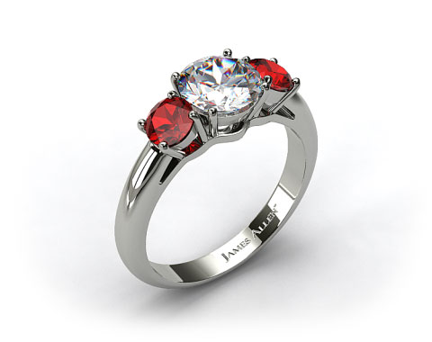 18k White Gold Three Stone Round Ruby Engagement Ring