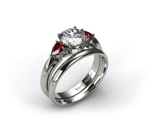 18k White Gold 3-Stone Pear Ruby Engagement Ring & 2mm Womens Plain Wedding Band