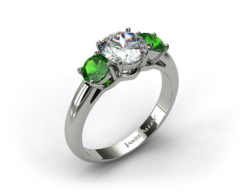 18k White Gold Three Stone Round Emerald Engagement Ring