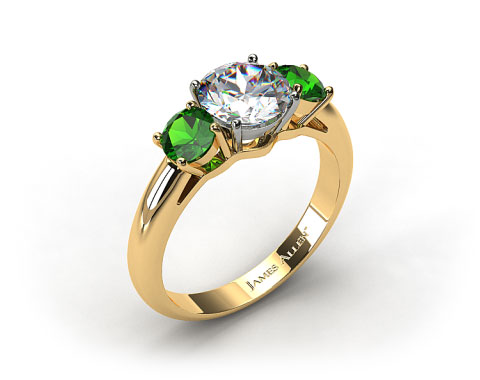 18k Yellow Gold Three Stone Round Emerald Engagement Ring