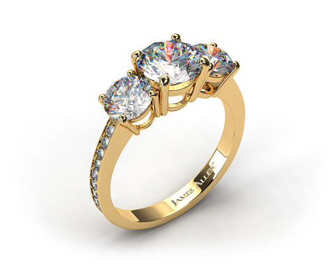 18k Yellow Gold Three Stone Round and Pave Set Diamond Engagement Ring