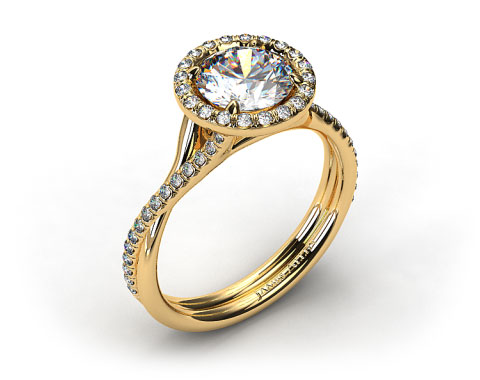 18k Yellow Gold Pave Halo and Twisted Shank Solitaire