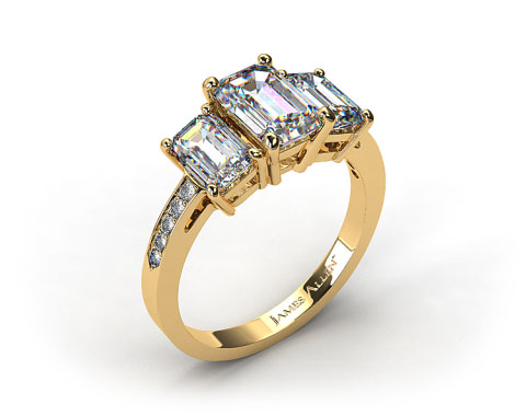 18k Yellow Gold Three Stone Emerald and Pave Set Diamond Engagement Ring