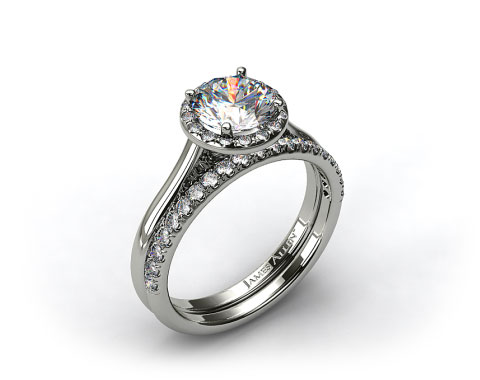 18k White Gold Pave Halo Engagement Ring & Pave Diamond Wedding Ring