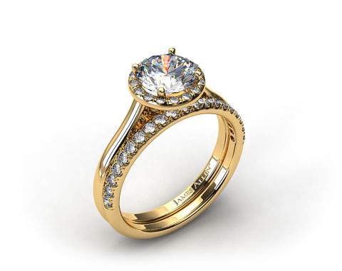 18k Yellow Gold Pave Halo Engagement Ring & Pave Diamond Wedding Ring