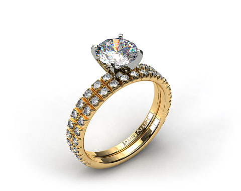 18k Yellow Gold Thin French-Cut Pave Diamond Wedding Set