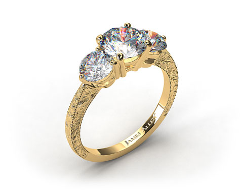 18k Yellow Gold Engraved Three Stone Round Diamond Engagement Ring