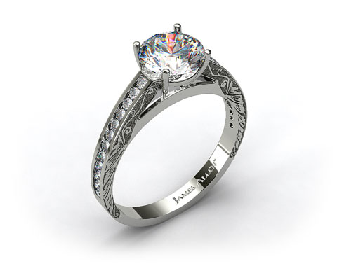 18k White Gold Engraved Channel Set Round Shaped Diamond Engagement Ring