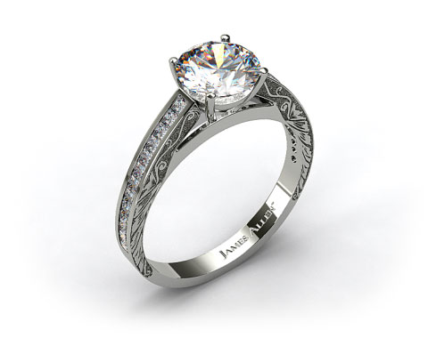 18k White Gold Engraved Channel Set Princess Shaped Diamond Engagement Ring