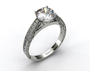 18k White Gold Engraved Channel Set Carre Shaped Diamond Engagement Ring