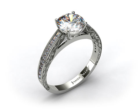 18k White Gold Engraved Channel Set Carre Shaped Diamond Engagement Ring