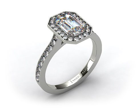 14k White Gold Pave Halo & Shoulders Engagement Ring (Emerald Center)