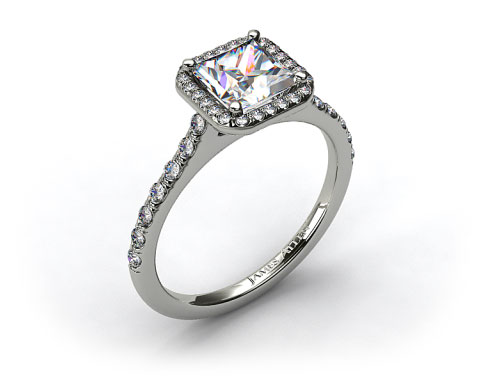14k White Gold Pave Halo and Shank Diamond Engagement Ring (Princess Center)
