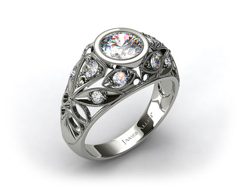 18k White Gold Twirled Fleur de lis Diamond Engagement Ring