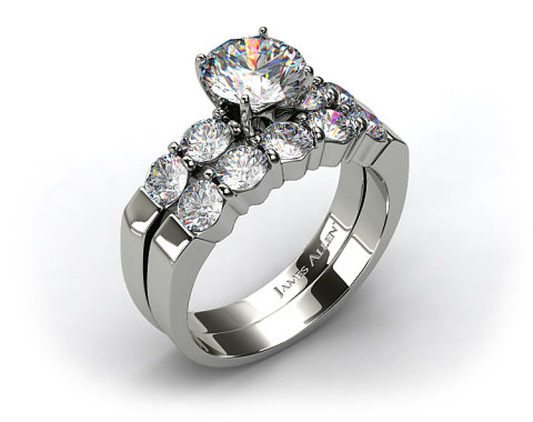 18k White Gold Common Prong Four Round Diamond Engagement Ring & 0.90ct Five Stone Diamond Wedding Ring